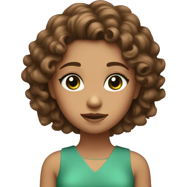 Girl have dark green eyes and have curly brown hair and she wear pink dress emoji