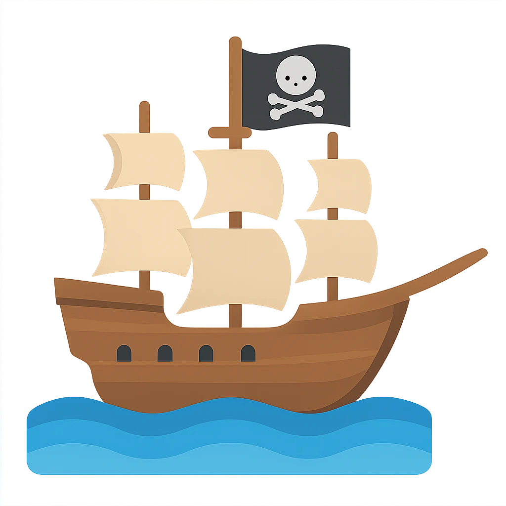 pirate ship with black jolly roger flag, nautical vessel with tall masts and cannons emoji
