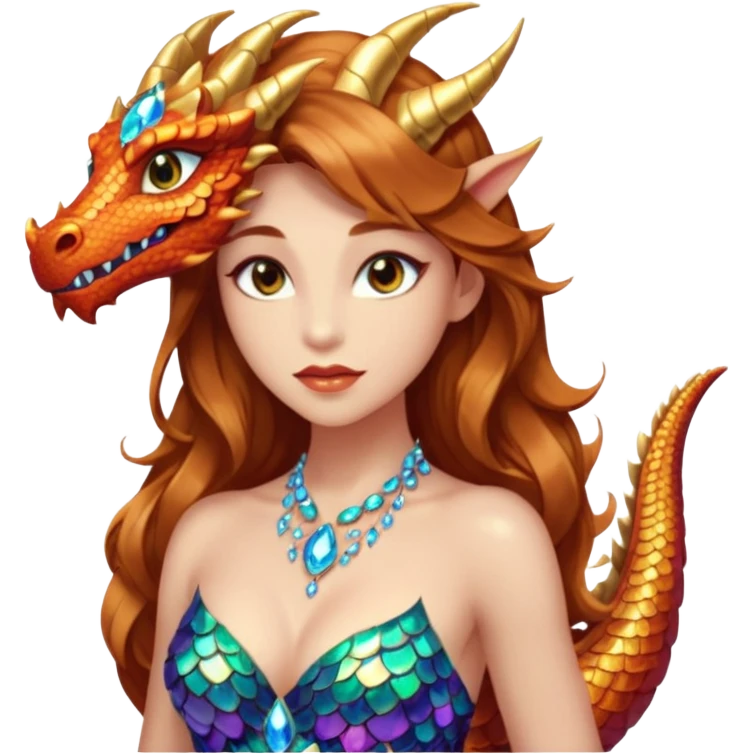 Am amazing blend of a half dragon woman with glittering jeweled scales covering her body. She has large almond shaped eyes, lush lips, and she wears a stunning luminescent gown. emoji