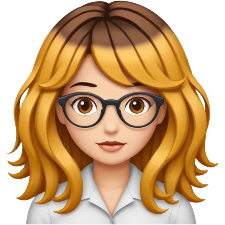 Uma garota de cabelos cacheados compridos e mechas loiras, com pele morena clara e óculos emoji