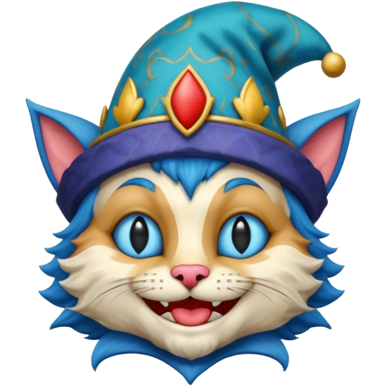 crazy colorful cute little cat jolly joker, medieval, vintage, court jester, mac os icon, blue color emoji