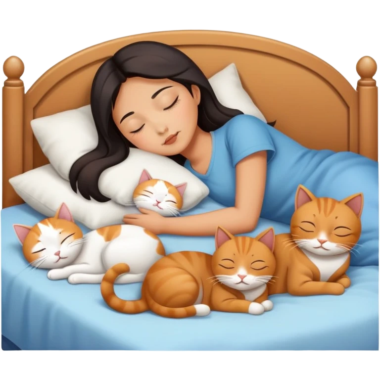 asian woman sleep on the bed that has 4 cats sleep around her emoji