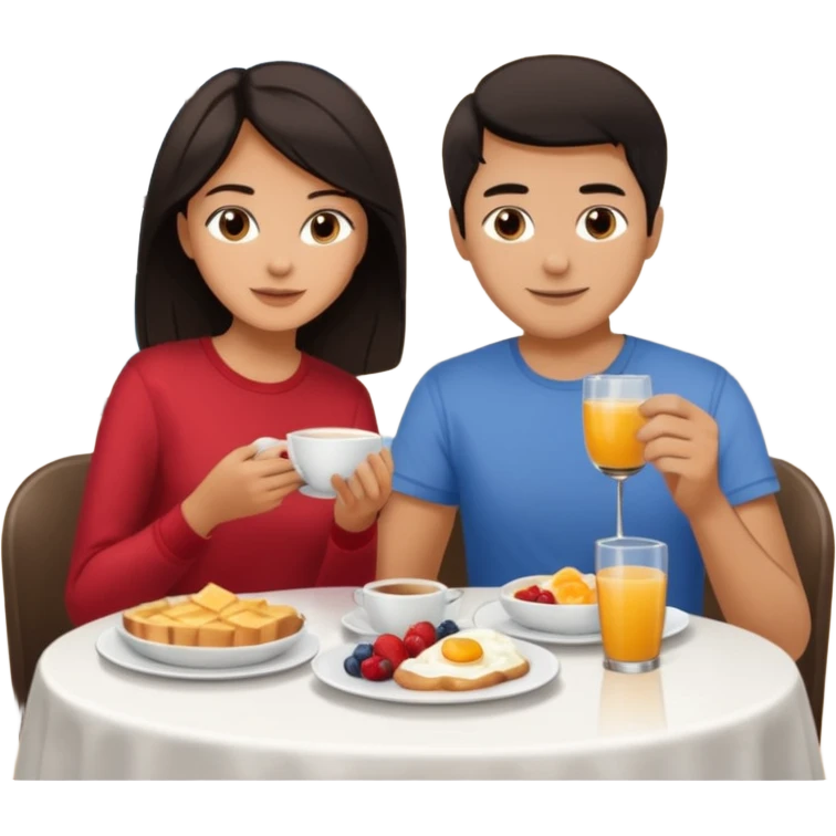 pon una pareja desayunando sedayuno de hotel pareja de pelo moreno emoji