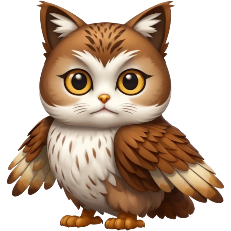 crea un gato con alas de búho con pelaje color cafe y blanco y que este con las alas cerradas y sin ningun objeto en las alas emoji
