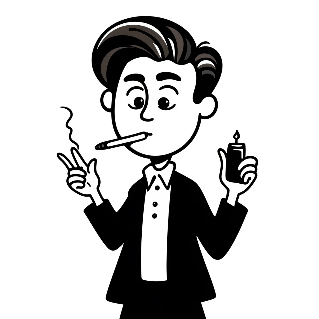 a guy with hazel eyes and slicked back brown hair stay with a lighter and a cigarette in his mouth with a sly expression on his face emoji