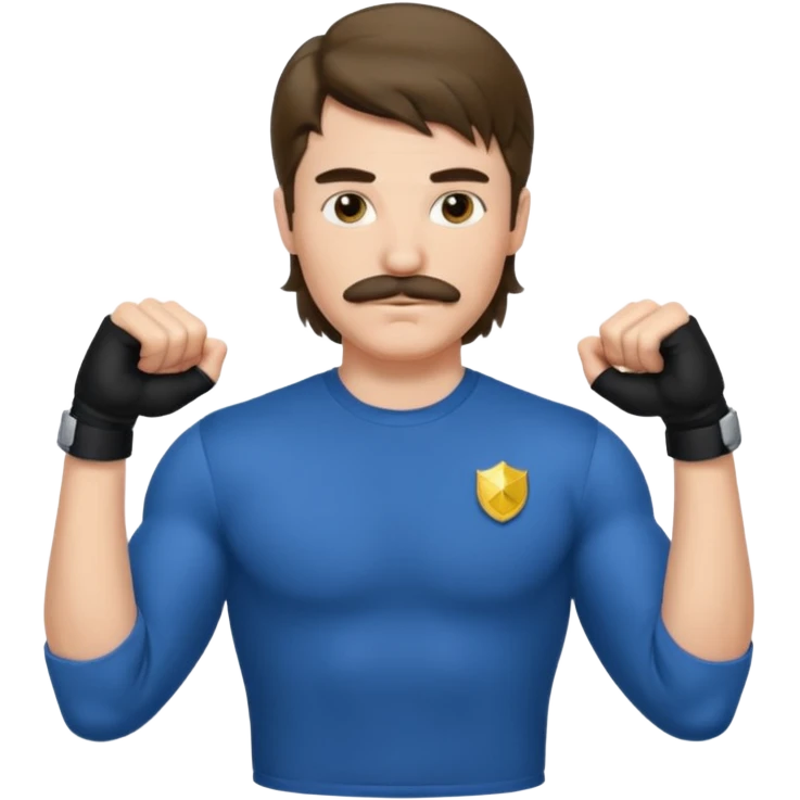 generate an ios genmoji of a 20 year old boy with shoulder length hair and a mullet. cop mustache. BIG biceps and wearing a full sleeve tshirt that fits his biceps emoji