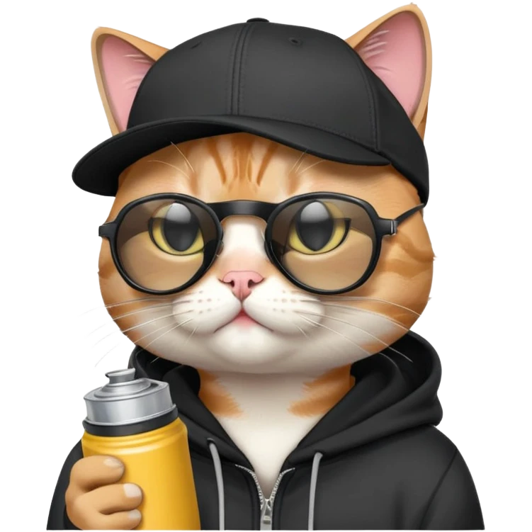cat with one eye CLOSED in a CLEAR WINK, wearing black snapback cap and black hoodie, black sunglasses tilted low on nose, looking over the top of sunglasses at viewer with other eye open, holding spray paint can emoji