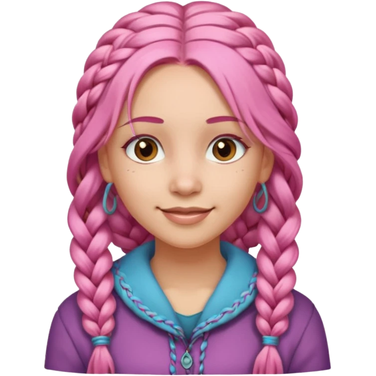 A light-skinned woman with long pink hair styled in braids, brown eyes, and a gentle smile. emoji