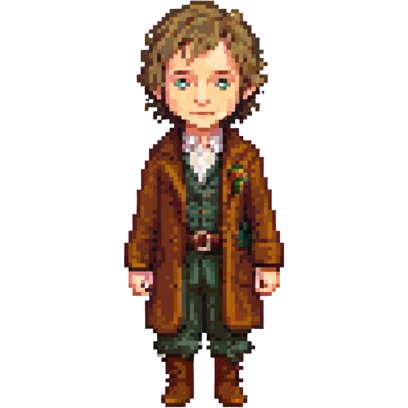 Whole body image of bilbo baggins from the hobbit movie in pixel art style. Bilbo is younger. Make Bilbo look like the actor that portrayed him in the movie, Martin Freeman. Bilbo is wearing the same outfit he was wearing when he left the shire with Thorin Oakenshield. emoji