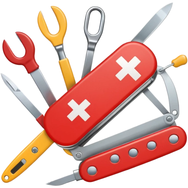 swiss army knife emoji with tools representing bookkeeping, payments, customer service, and sales, each tool with small icons showing their function, focus on phone contact with customers for e-conomic, colorful and friendly emoji