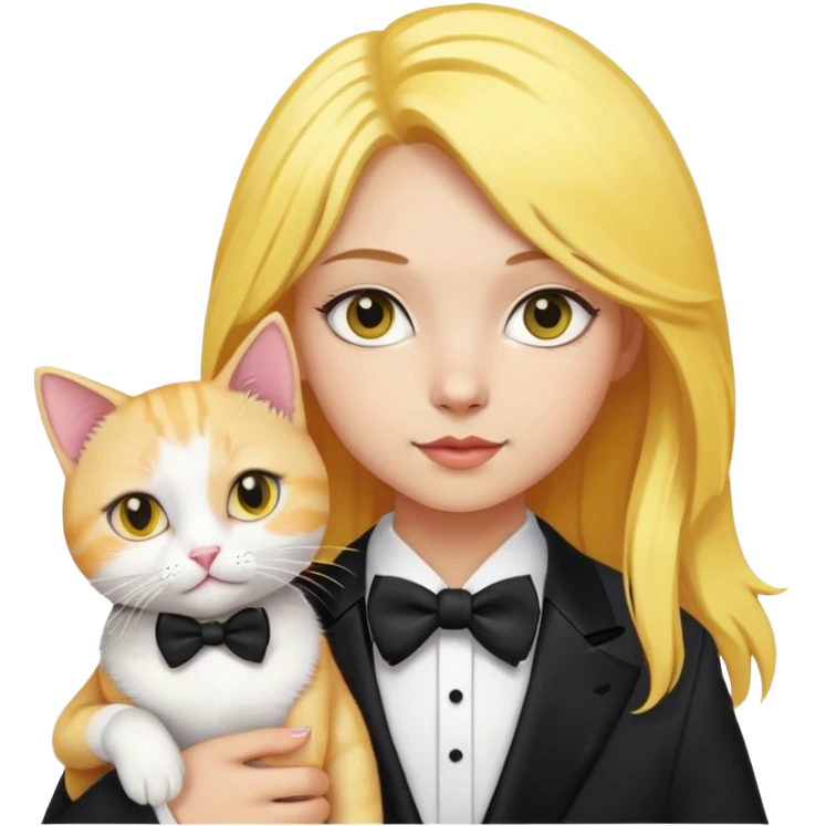 A girl with yellow hair(not so blonde), small dark eyes, light skin, holding a tuxedo cat emoji