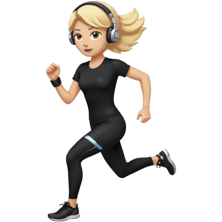 Tan girl who is blonde with black leggings and black tight shirt running with headphones emoji