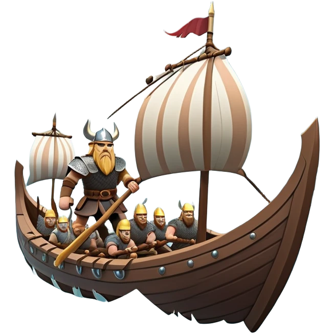 clash-of-clans-aesthetic_-cinematic-viking-longboat, rendered in a flat, bold vector style with minimal shading, featuring a striking dragon-headed prow slicing through icy, churning waters. shields on the side and vikings rowing The longboat’s intricately detailed shields and carved motifs evoke a sense of epic adventure and Nordic might, with billowing sails catching a dramatic, stormy sky backdrop. emoji