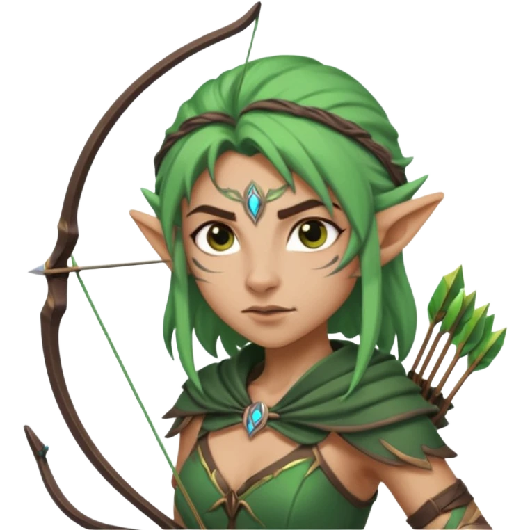 night elf archer, simplified and bold style, clear facial expression, holding a bow, fun and readable at small size, sized and composed for Twitch emoji emoji