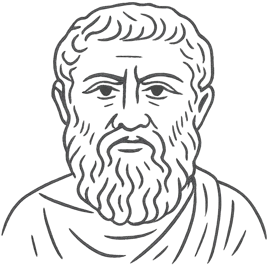 a hand drawn black outline portrait of Plato with similar-sized eyes based a famous portrait of him emoji