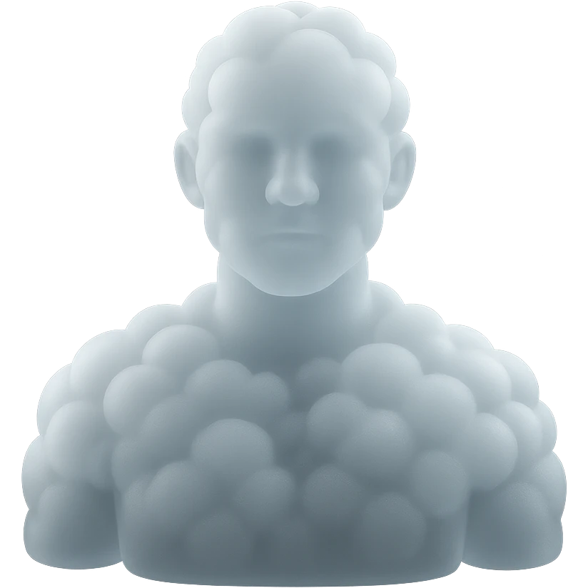 person looking straight, fully made of white fluffy convex clouds, shoulders, matte glass style emoji