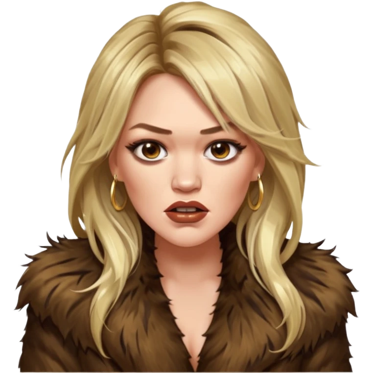 Cinematic realistic ultra HD - up profile, angry, glamorous extremely made up Hilary Duff extremely long long hair in shaggy fur coat with bronze flash emoji