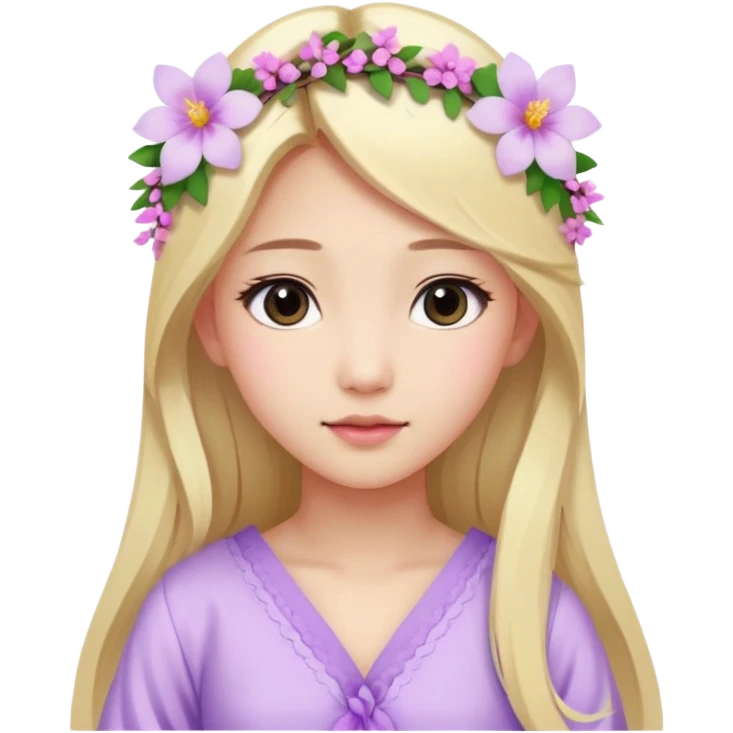 Asian girl with long blonde hair white skin makeup natural with flower in her ear, her dress is white and pink lil flowers  emoji
