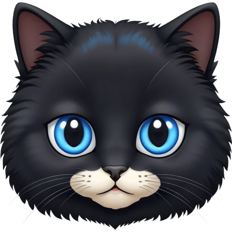 cute fluffy black cat face with big blue eyes, more natural cat face shape, not too round, still adorable emoji