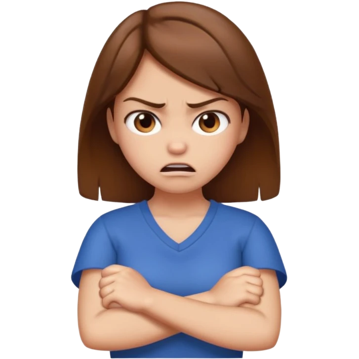Girl with brown hair crossing arms in front of her chest and making an angry face emoji