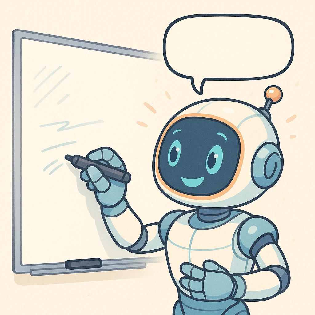 friendly futuristic robot writing on a whiteboard, with a speech bubble suggesting it is thinking or about to say something, friendly and expressive style, light colors, atmosphere of collaboration and help emoji