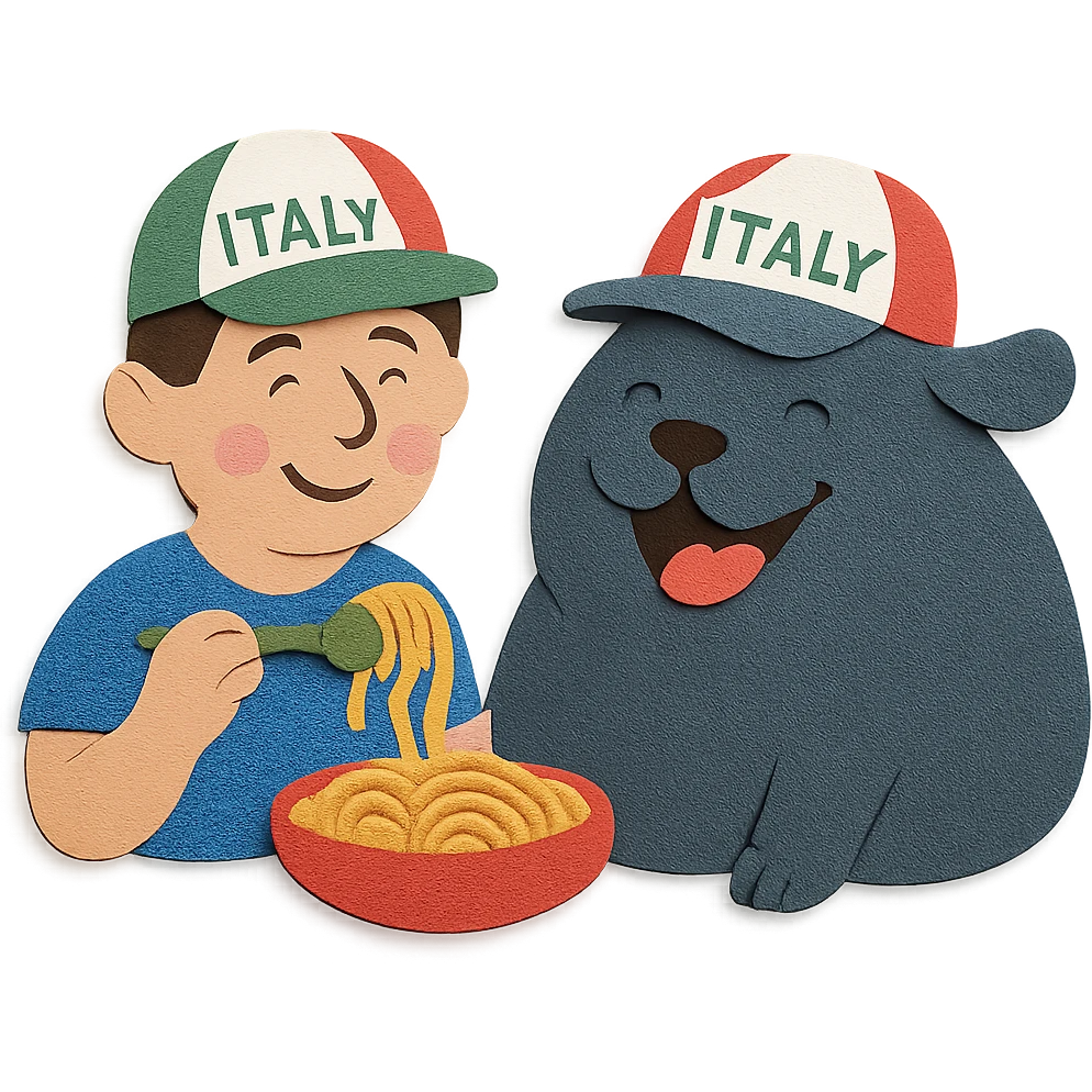 paper craft style guy in Italy eating pasta with a huge, happy, fat whale of a dog wearing an Italy hat emoji