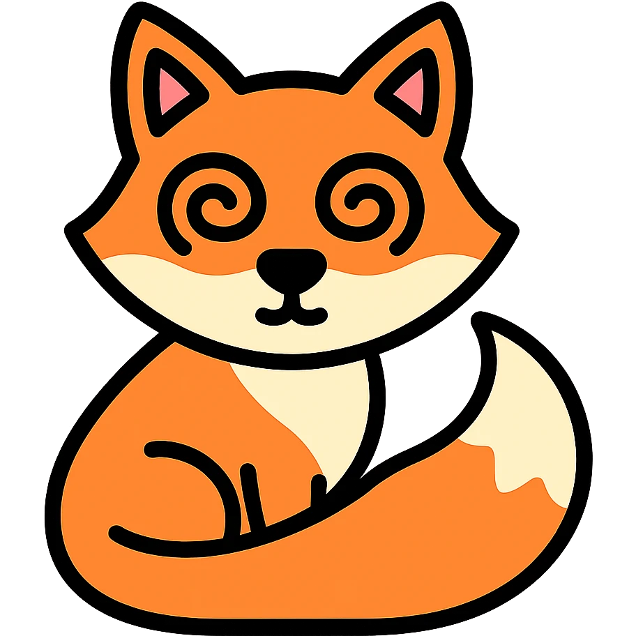 dizzy fox with spiral eyes, tail curled, no background emoji