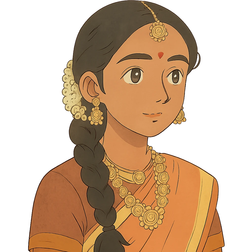 Tamil girl with traditional jewelry, soft colors emoji
