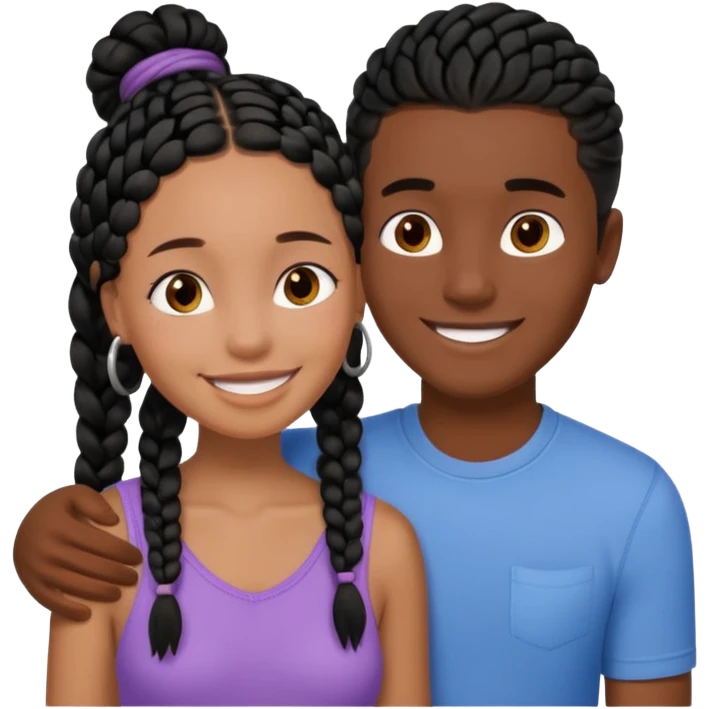 Dark black girl with black braids, smiling, and embracing her tan white boyfriend with straight brown hair emoji
