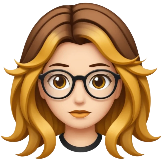 Uma garota de cabelos cacheados com mechas loiras, com pele morena clara e óculos emoji