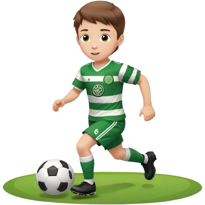 Celtic footballer jersey logo  6 years old brown hair white boy , stripes uniform , RUNNING  with soccer ball # 17 celtic football logo  emoji