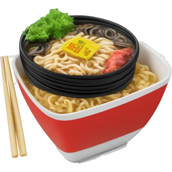 Sealed black plastic noodle package with red and white lettering, showing a photo of ramen with noodles, meat, and chili on the front. The package is crinkled, like typical instant noodles, with a red logo and bold Korean text. emoji