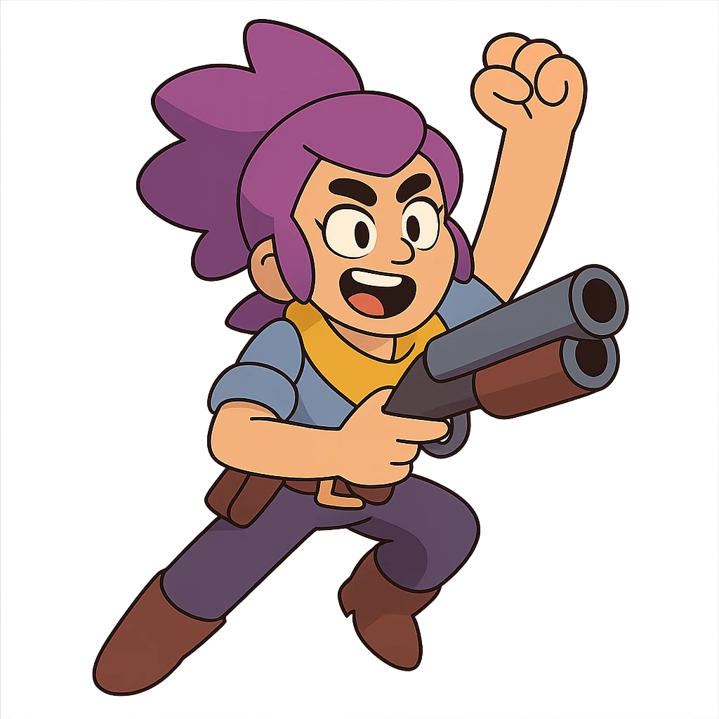 Shelly from Brawl Stars, energetic pose, vibrant colors, cartoon style emoji