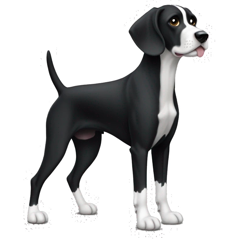 A short-haired pointer dog (full body) with a very black coat and pure white markings (white belly, white feet without spots, and white tip of the long black tail) and and a fully back head with very little white hair on the black snout. emoji