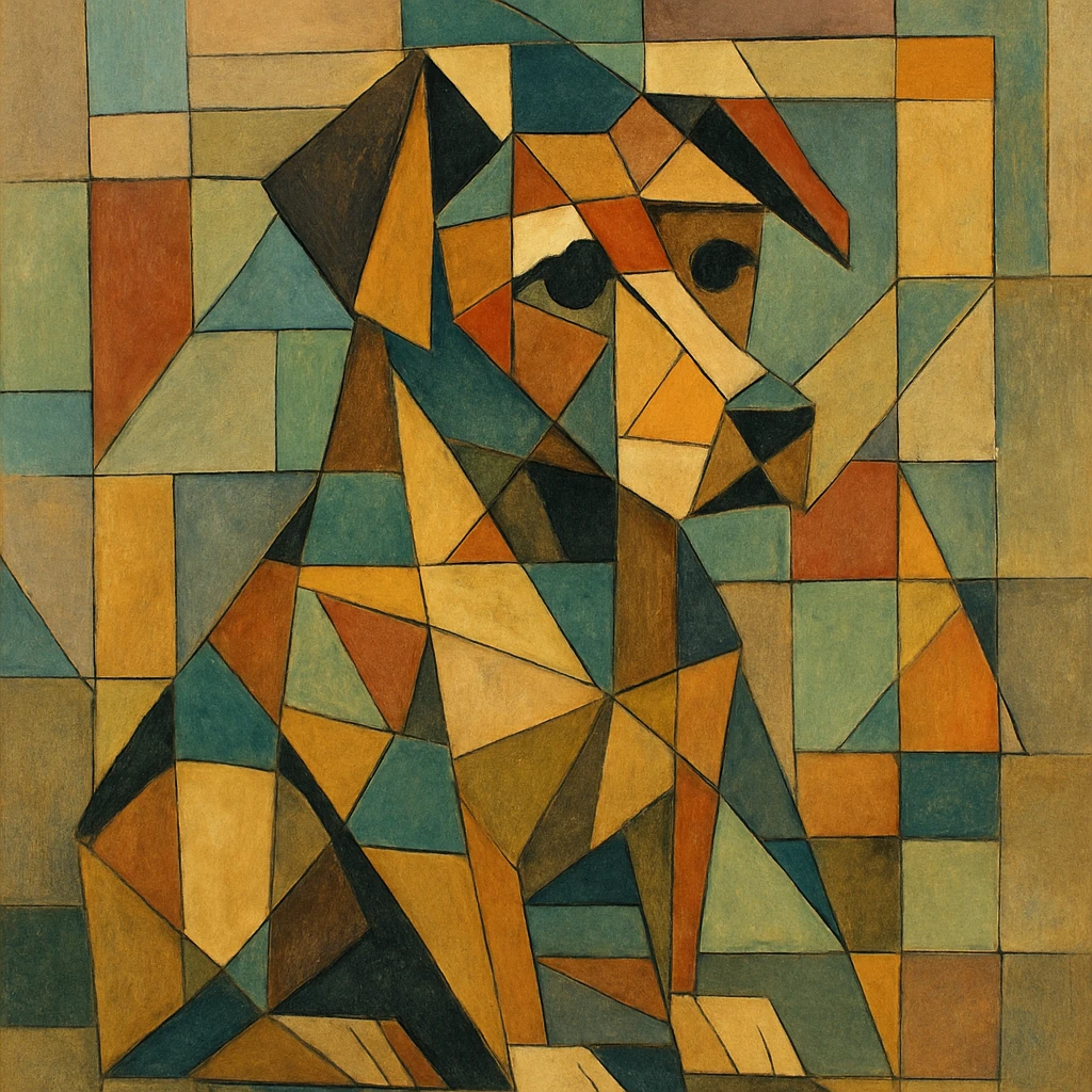 {
  "style_description": {
    "name": "Cubist Abstraction",
    "overall_look": "Deconstructed, multi-perspective abstraction with intersecting geometric planes",
    "composition": {
      "structure": "Fractured and fragmented shapes that overlap and intersect",
      "perspective": "Multiple simultaneous viewpoints, often distorted or rotated",
      "layout": "Asymmetrical, collage-like arrangement of visual elements"
    },
    "geometry": {
      "shapes": ["rectangles", "triangles", "trapezoids", "irregular polygons"],
      "edge_style": "hard, angular lines with minimal curves",
      "dimensionality": "flattened depth with layered planes"
    },
    "color": {
      "palette_type": "muted and earthy tones with occasional vivid accents",
      "application": "flat fills, overlapping transparencies, and color-blocked segments",
      "shading": "minimal or abstract, without realistic gradients"
    },
    "texture": {
      "use": "optional",
      "types": ["paper grain", "brushstroke pattern", "canvas roughness"],
      "purpose": "to evoke an analog, hand-rendered quality"
    },
    "subject_treatment": {
      "representation": "symbolic and abstract rather than literal",
      "distortion": "intentional exaggeration and fragmentation of form",
      "focus_on": ["structure", "form relationships", "compositional rhythm"]
    },
    "background": {
      "style": "integrated with subject forms",
      "purpose": "to emphasize the composition rather than isolate figures"
    },
    "render_constraints": {
      "avoid": ["realistic lighting", "photorealism", "perfect symmetry"],
      "encourage": ["overlapping shapes", "multi-angle views", "abstract composition"]
    }
  }
}

{subject} = dog emoji