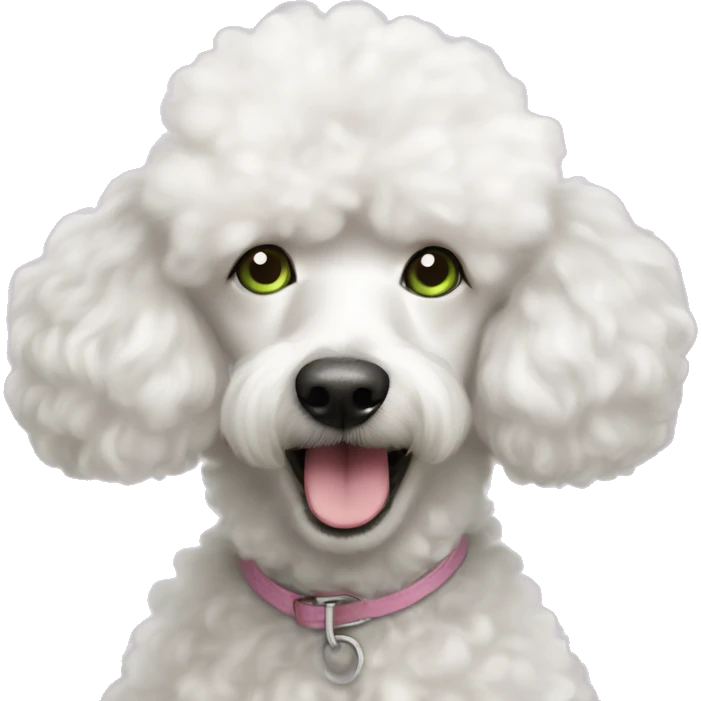White fluffy poodle with greenish eyes and pink nose emoji