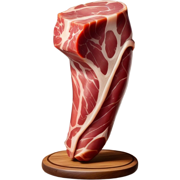 ​Cinematic Realistic Spanish Jamón Leg, depicted as a massive, cured leg of Jamón serrano with a deep reddish-brown hue, intricately marbled and slightly glossy with age, elegantly displayed on a rustic wooden stand and bathed in warm, soft lighting that accentuates its artisanal heritage, emoji