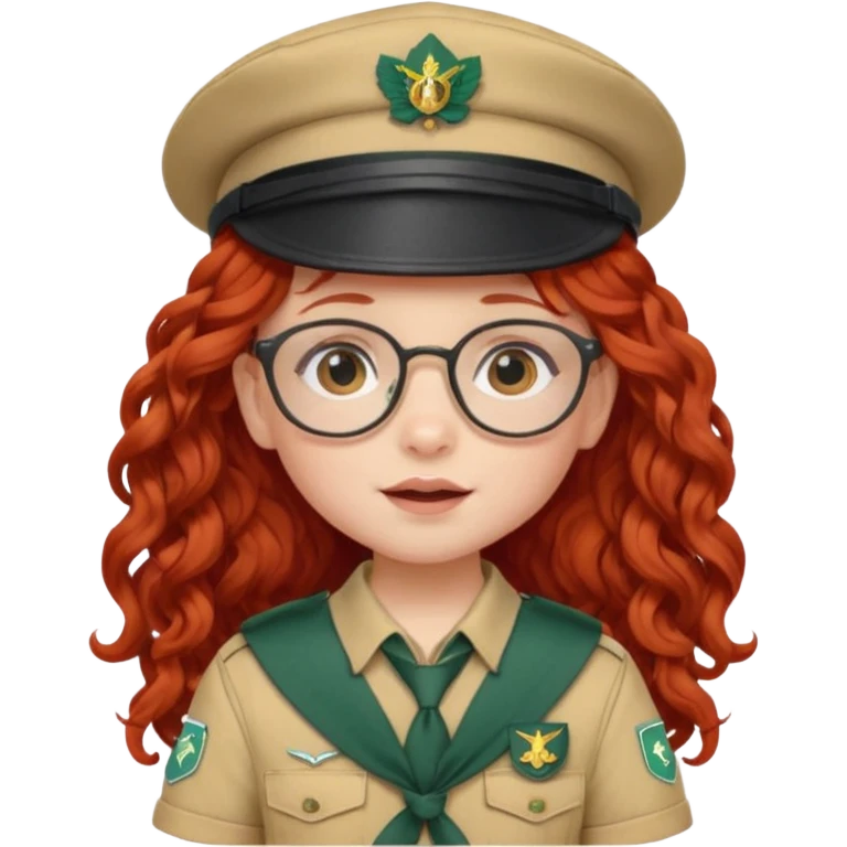 scout girl baby with uniform including the hat,  little with glassess and long curly red hair emoji