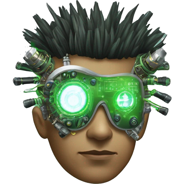 Green Mohawk hair male cyborg head with white steampunk goggles and circuits emoji