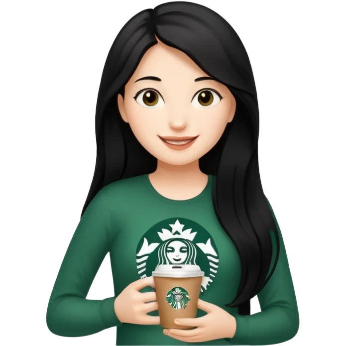 A young girl with long black hair, reaching up to her belly, holds a cup of Starbucks coffee.
 emoji