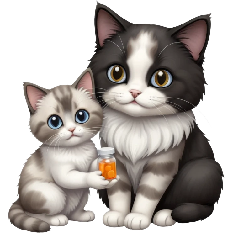 Adult ragdoll cat giving some pills to a black kitten emoji