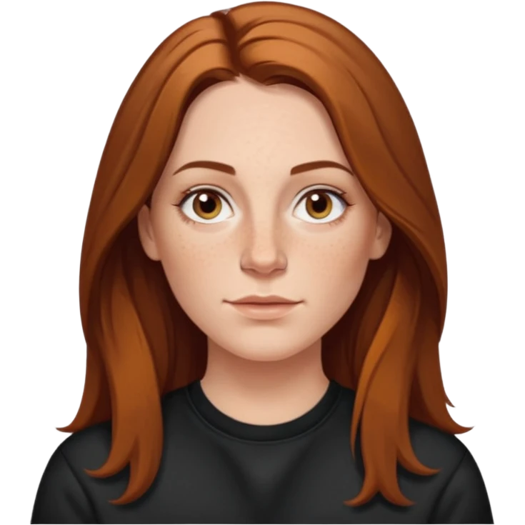 A 38 year old white woman with long brunette hair parted in the middle. She has her nose pierced. Her nose is medium sized. She has brown eyes. She has freckles and is wearing a black sweatshirt emoji