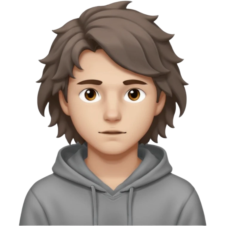 18 year old boy siren eyes good jawline with grey hoodie and long brown wavy wolf cut hair emoji