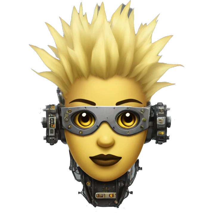 Light yellow Mohawk hair female cyborg head, dark skin, steampunk goggles and circuits emoji