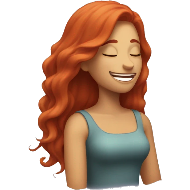  woman with long red hair gently chuckling, happy, eyes closed, subtle laughter, 3/4 view emoji