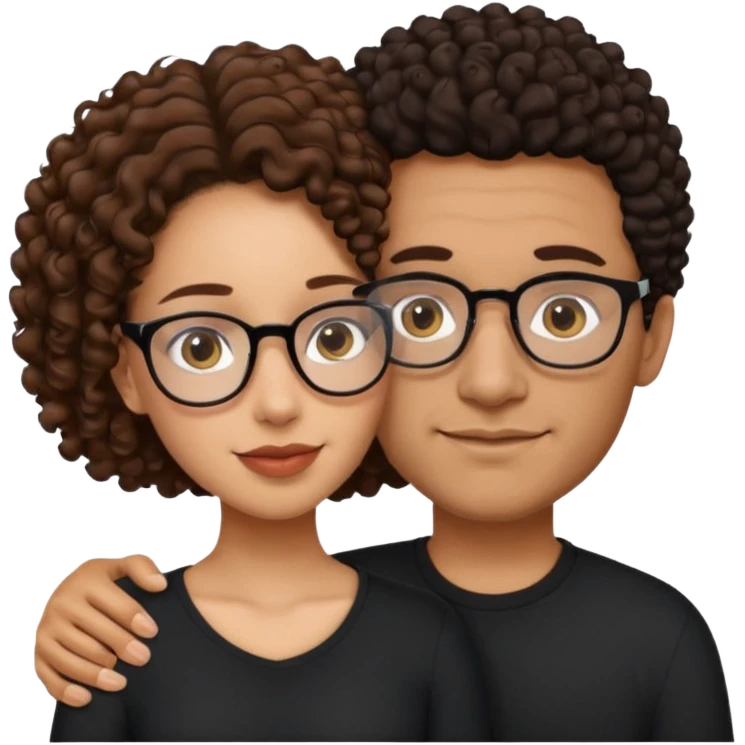 A mixed girl with glasses, the girl is wearing a black shirt, the girl has brown curly hair  and the girl has big boobs. A Mexican man is embracing her, with black bald hair emoji