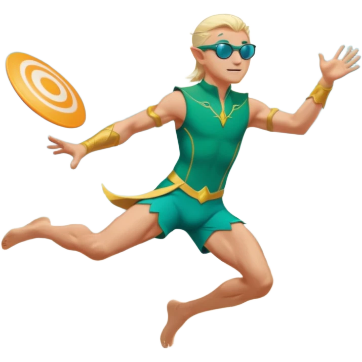 elf male legolas launching a frisbee woven from pure sunlight, wearing sporty teal swim shorts and performance sunglasses, pointy ears, dynamic motion lines, beach sky backdrop, centered emoji emoji