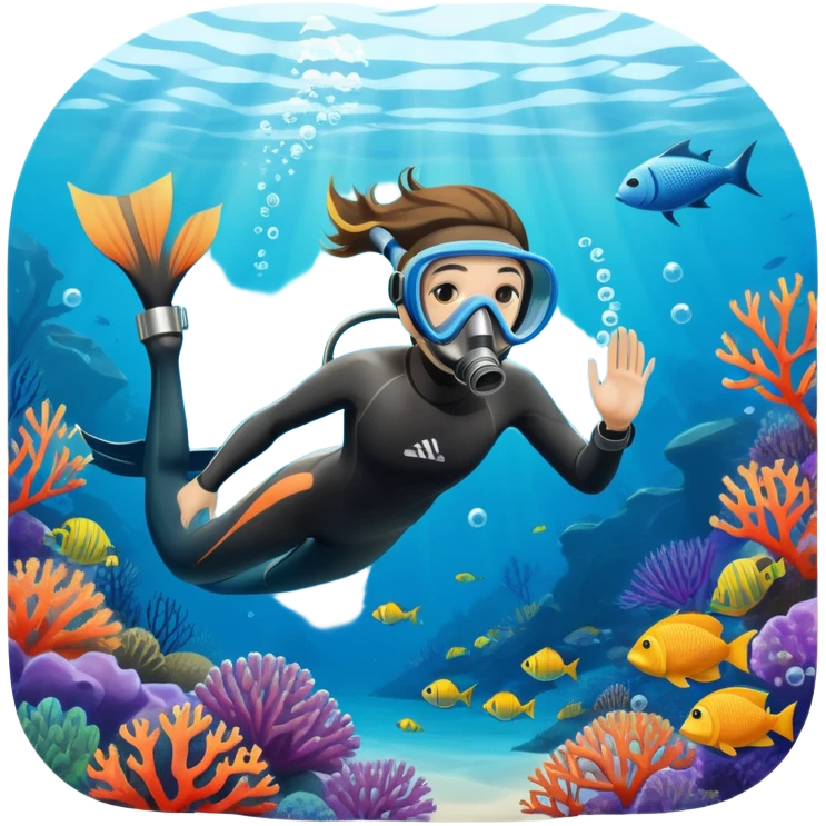 An icon featuring a close-up of a freediving mask and snorkel, with a breath-holding diver's fins, set against a vibrant underwater world. The design includes coral reefs, fish, and bubbles, symbolizing the serene beauty and thrill of freediving. Transparent background highlights the calm emoji