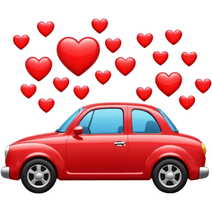 red car with floating hearts and motion lines, apple style emoji emoji