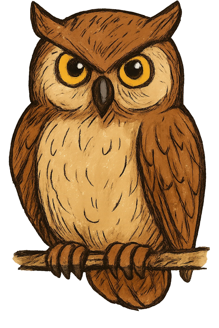 Color the owl in a drawn style with simple contours and simple painting, but with volume, shadows, and highlights as in the reference colored owl. Use natural colors with brown and beige shades and expressive yellow eyes. The style is drawn, not realistic. emoji